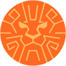 Logo da Agência Asteca - Fundo laranja, um desenho apenas com traços do rosto de um leão na cor amarela